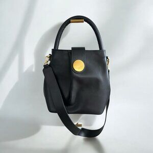 ELLEME Black Leather Bucket Tote Bag w/ Detachable Strap